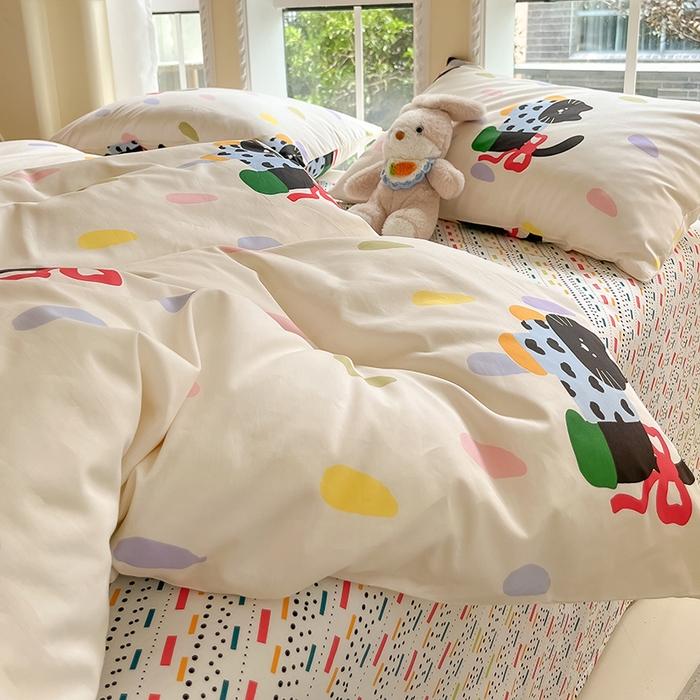 91家纺网 家纺一手货源 找家纺 吉象家纺13070全棉四件套纯棉四件套直播小清新男孩女靴子猫