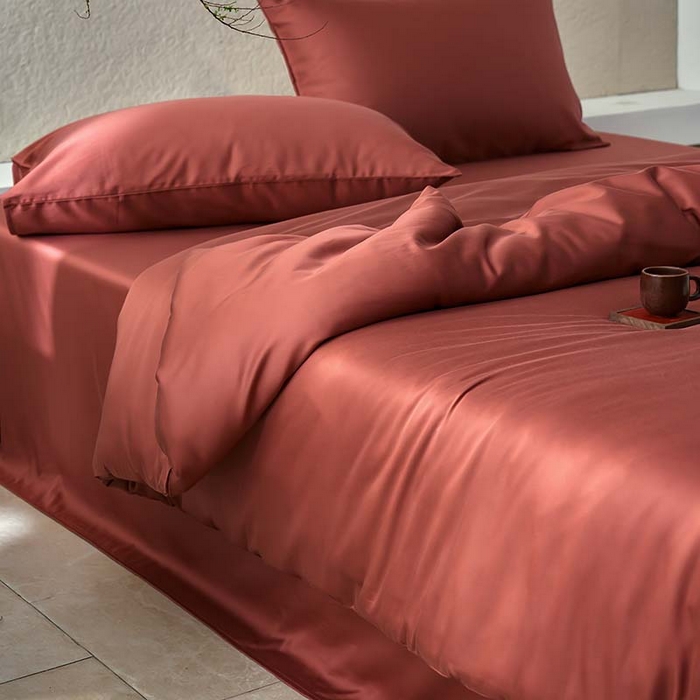 91家纺网 家纺一手货源 找家纺 咏绒家纺工厂店 2025新款60支奥地利兰精天丝纯色天丝棉四件套 朱砂红（酒红）