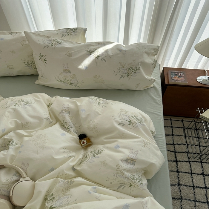 91家纺网 家纺一手货源 找家纺 尺素 2025新款全棉卡通可爱儿童四件套纯棉活性A类被套学生宿舍三件套1.8床笠双人床单 薄荷小兔