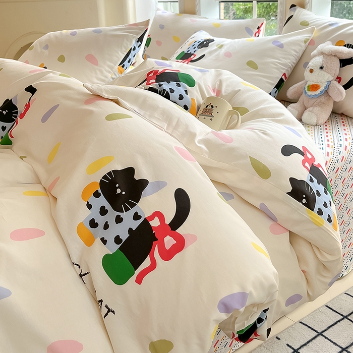 91家纺网 家纺一手货源 找家纺 吉象家纺13070全棉四件套纯棉四件套直播小清新男孩女靴子猫