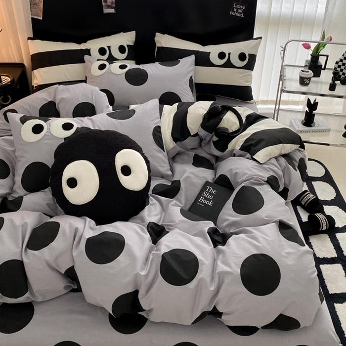 91家纺网 家纺一手货源 找家纺 吉象 2025新款大眼睛毛巾绣四件套 大眼睛-波点魅惑黑