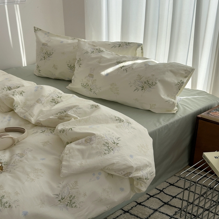 91家纺网 家纺一手货源 找家纺 尺素 2025新款全棉卡通可爱儿童四件套纯棉活性A类被套学生宿舍三件套1.8床笠双人床单 薄荷小兔