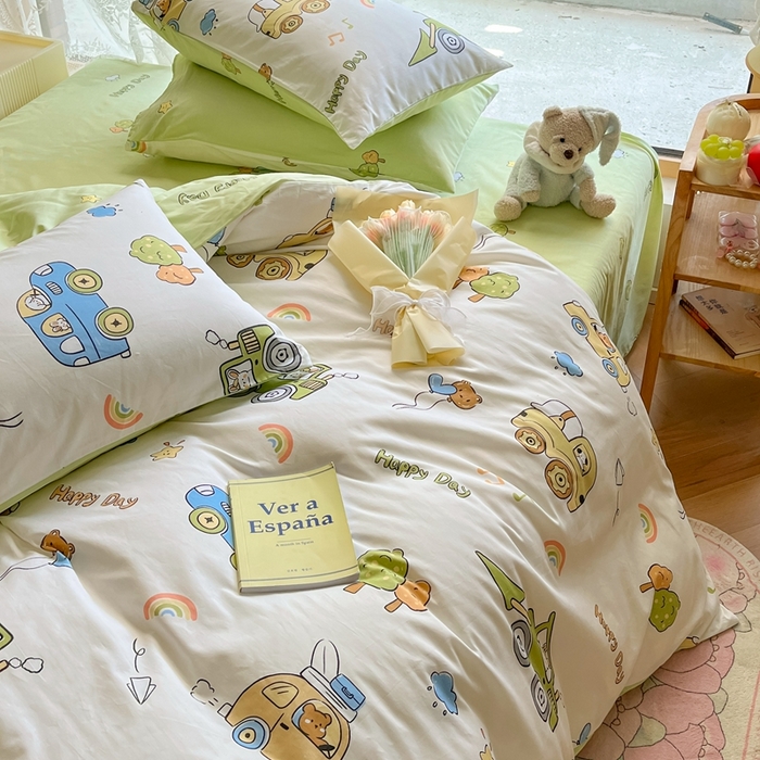 91家纺网 家纺一手货源 找家纺 吉象家纺13070全棉四件套纯棉四件套直播小清新男孩女工程车