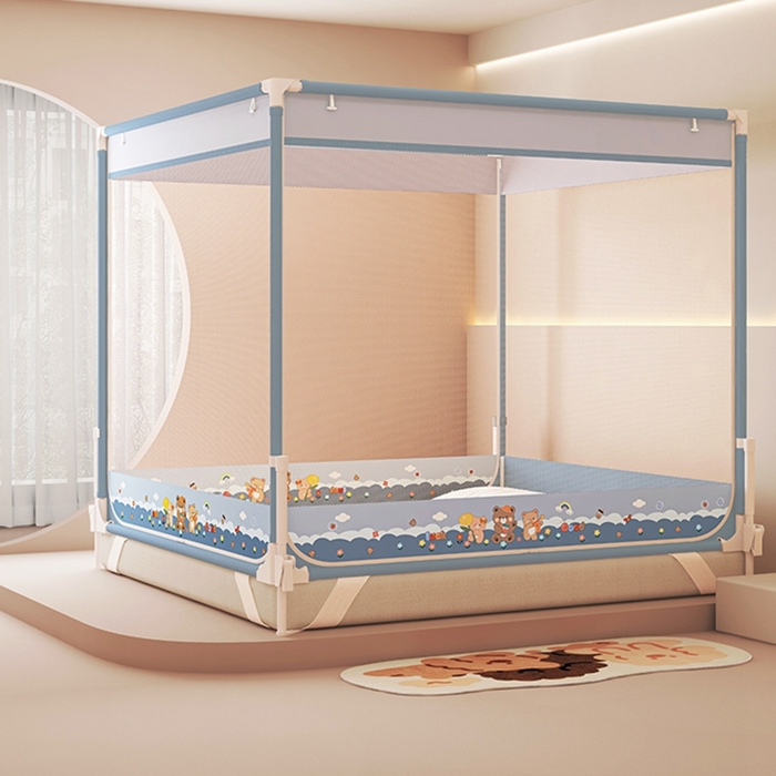 91家纺网 家纺一手货源 找家纺 迪凡保罗蚊帐 2025新款2508围栏级防摔数码印花坐床蚊帐 蓝灰