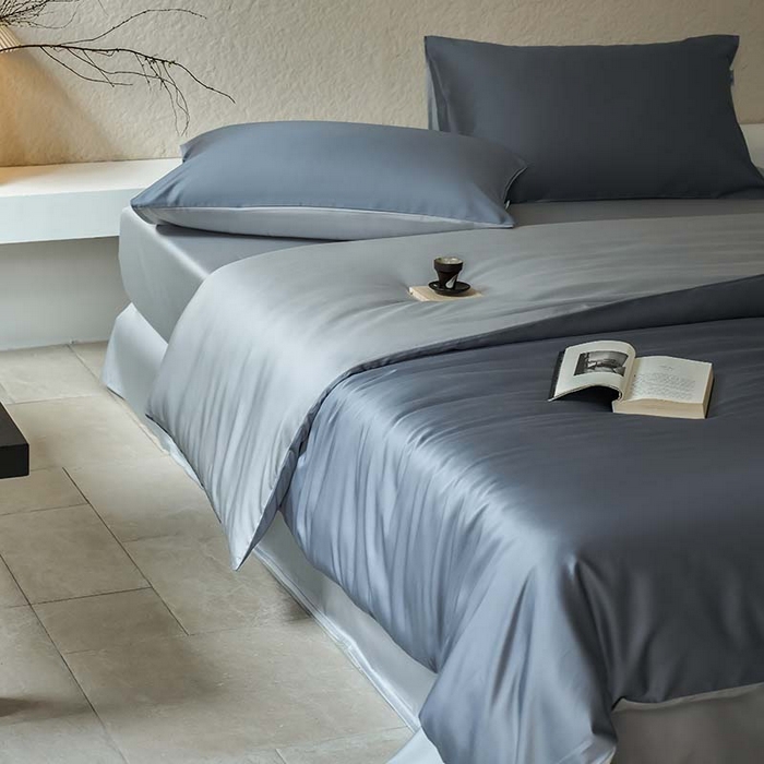 91家纺网 家纺一手货源 找家纺 咏绒家纺工厂店 2025新款60支奥地利兰精天丝纯色天丝棉四件套 菘蓝（暮色灰紫-朦胧灰）