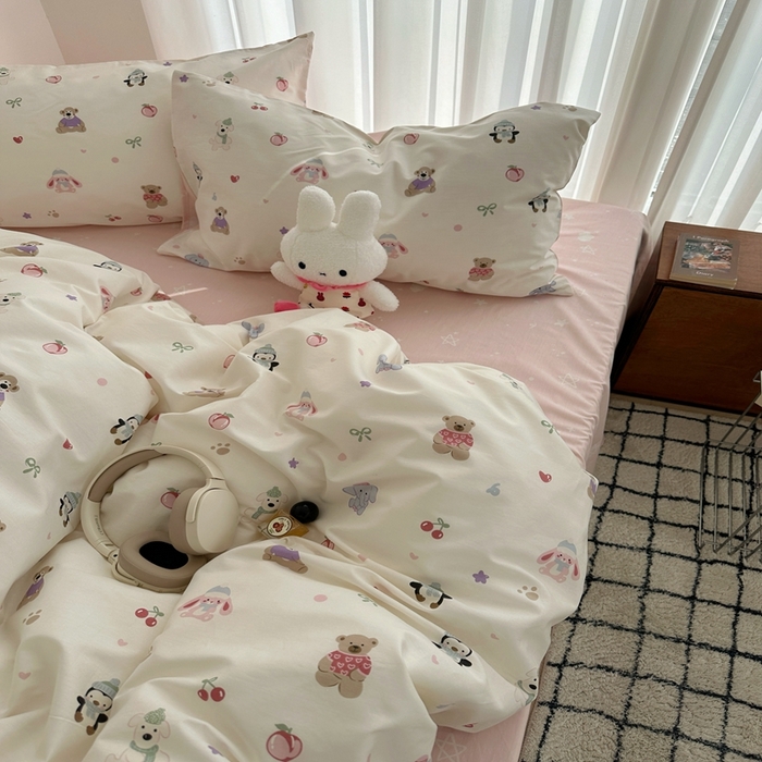 91家纺网 家纺一手货源 找家纺 尺素 2025新款全棉卡通可爱儿童四件套纯棉活性A类被套学生宿舍三件套1.8床笠双人床单 软萌派