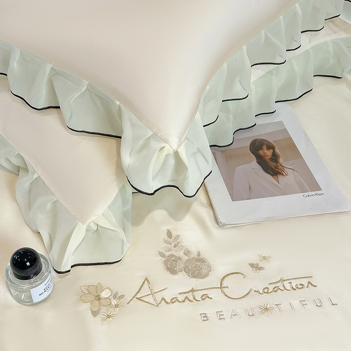 91家纺网 家纺一手货源 找家纺 梦舒羽 2025新款刺绣水洗真丝花边夏被四件套宿舍夏凉被床单枕套三件套-花韵花边款 花韵-绿（花边款）