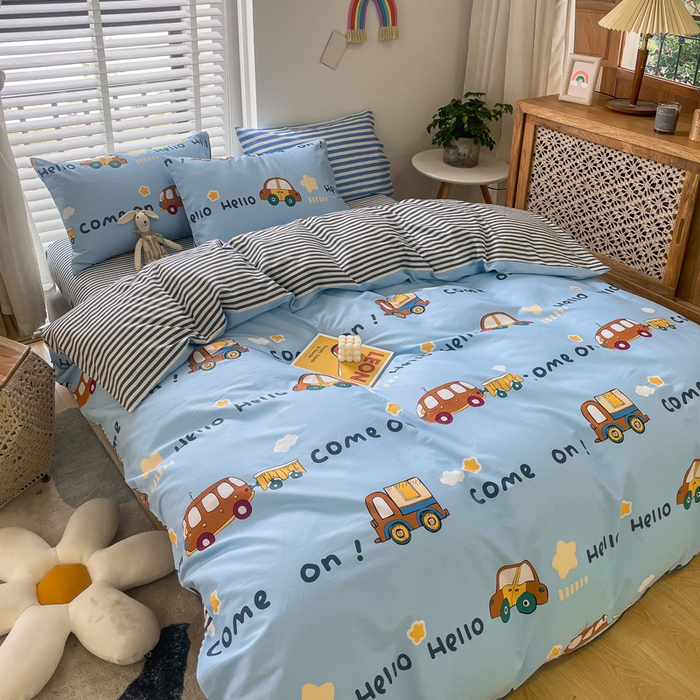 91家纺网 家纺一手货源 找家纺 吉象家纺13070全棉四件套纯棉四件套直播小清新男孩女宝宝巴士