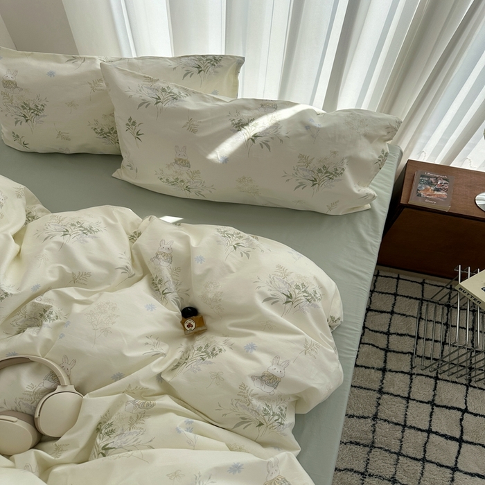 91家纺网 家纺一手货源 找家纺 尺素 2025新款全棉卡通可爱儿童四件套纯棉活性A类被套学生宿舍三件套1.8床笠双人床单 薄荷小兔