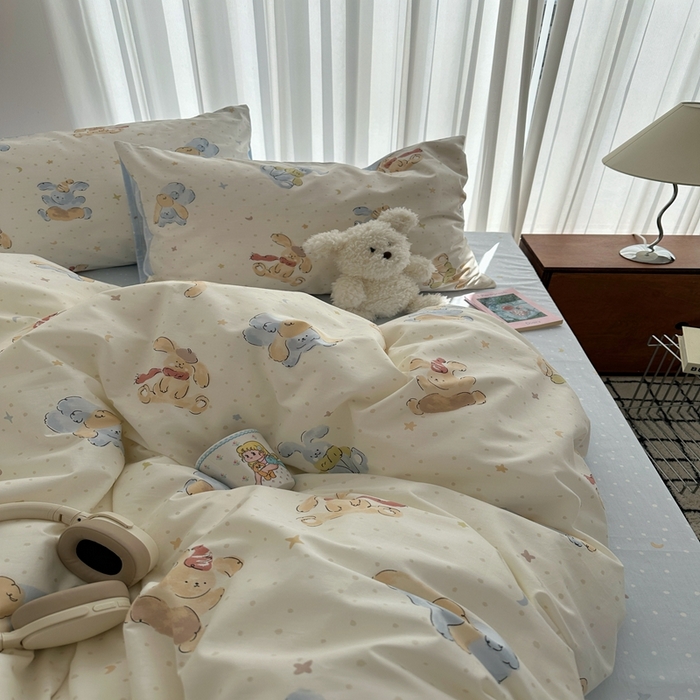 91家纺网 家纺一手货源 找家纺 尺素 2025新款全棉卡通可爱儿童四件套纯棉活性A类被套学生宿舍三件套1.8床笠双人床单 米团兔
