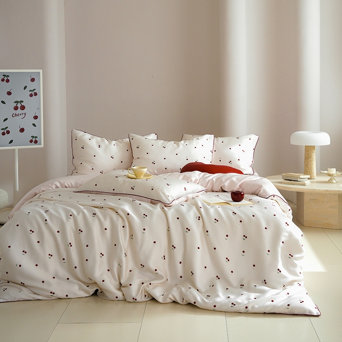 91家纺网 家纺一手货源 找家纺 简纯主义 2025新款兰精天丝印花四件套 樱桃粉