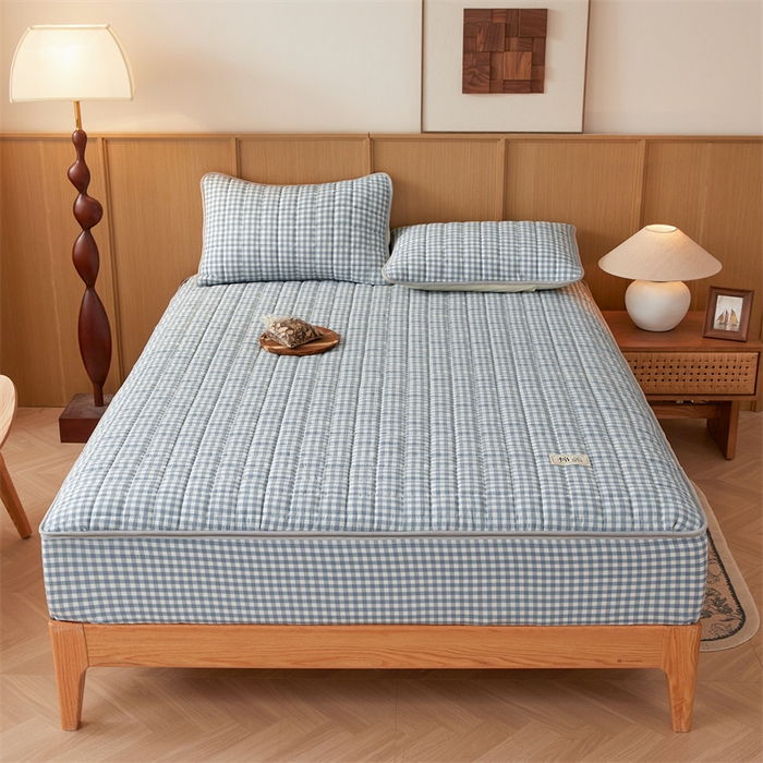91家纺网 家纺一手货源 找家纺 伊人坊2025新款全棉色织水洗棉六面全包床笠床垫保护套无印风 单层床围-蓝小格