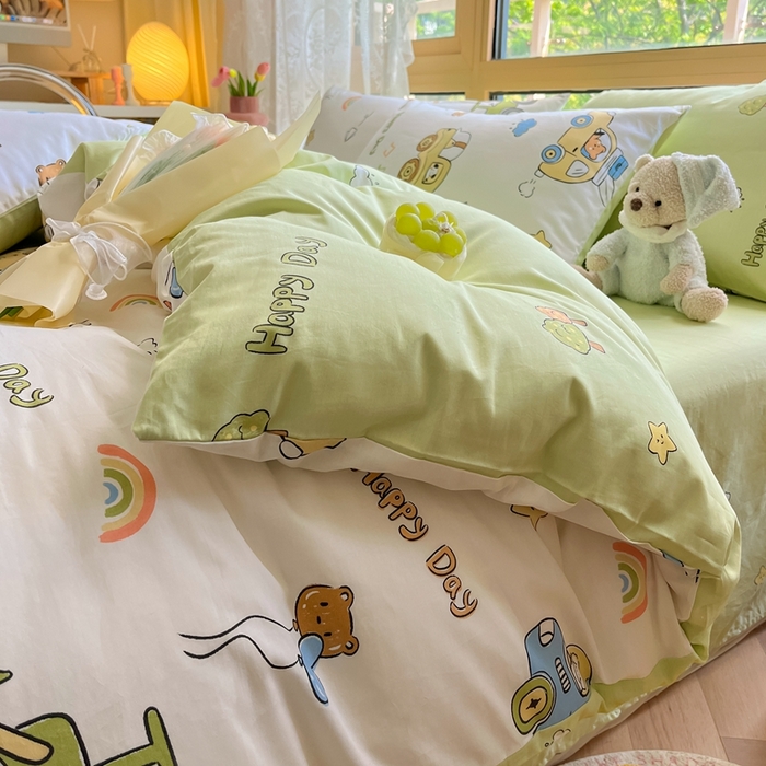 91家纺网 家纺一手货源 找家纺 吉象家纺13070全棉四件套纯棉四件套直播小清新男孩女工程车