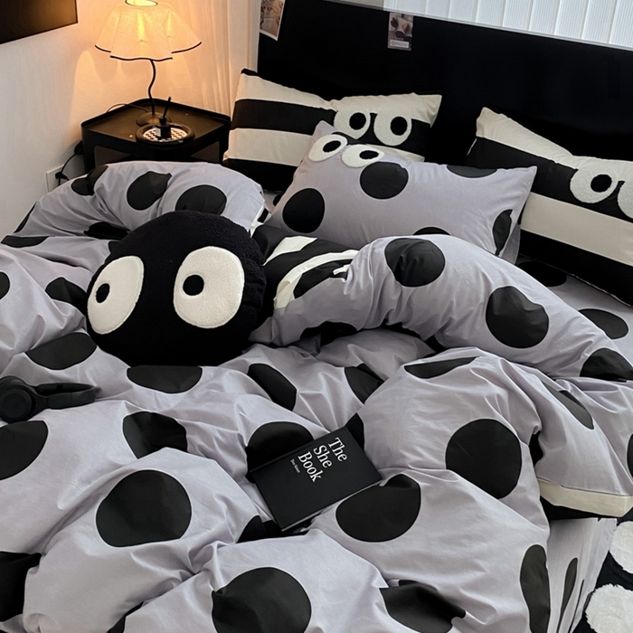 91家纺网 家纺一手货源 找家纺 吉象 2025新款大眼睛毛巾绣四件套 大眼睛-波点魅惑黑