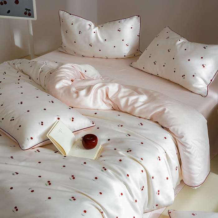 91家纺网 家纺一手货源 找家纺 简纯主义 2025新款兰精天丝印花四件套 樱桃粉