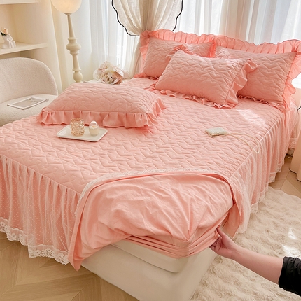 宜凡家纺 2025新款糯糯棉全夹棉床笠式床裙三件套 春日粉
