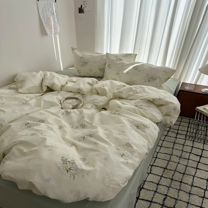 91家纺网 家纺一手货源 找家纺 尺素 2025新款全棉卡通可爱儿童四件套纯棉活性A类被套学生宿舍三件套1.8床笠双人床单 薄荷小兔