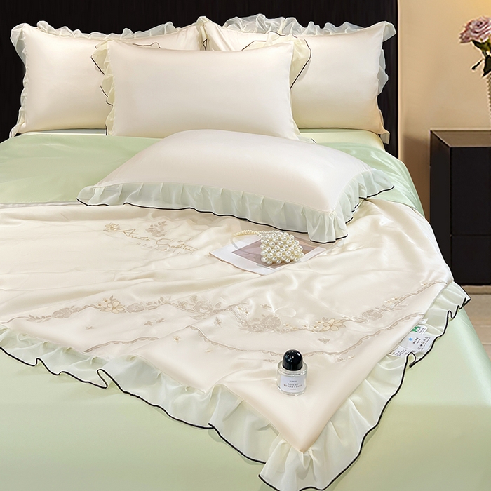 91家纺网 家纺一手货源 找家纺 梦舒羽 2025新款刺绣水洗真丝花边夏被四件套宿舍夏凉被床单枕套三件套-花韵花边款 花韵-绿（花边款）