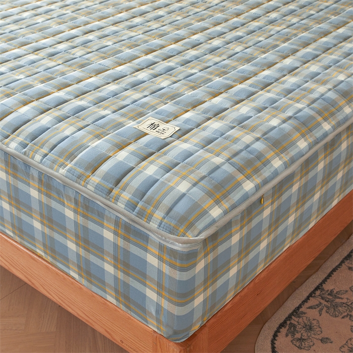 91家纺网 家纺一手货源 找家纺 伊人坊2025新款全棉色织水洗棉六面全包床笠床垫保护套无印风 单层床围-简兮蓝