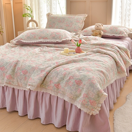 91家纺网 家纺一手货源 找家纺 （总）绘萱家居 2025新款100%全棉双层纱花边床裙款夏被四件套