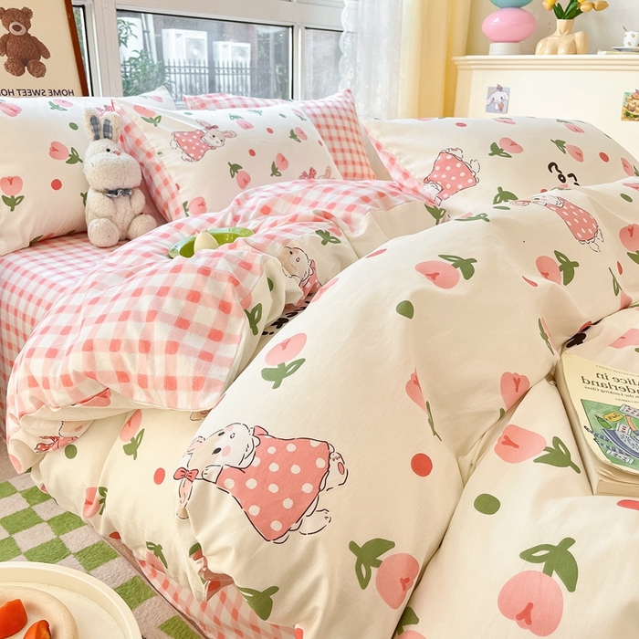 91家纺网 家纺一手货源 找家纺 吉象家纺13070全棉四件套纯棉四件套直播小清新男孩女郁金香粉兔