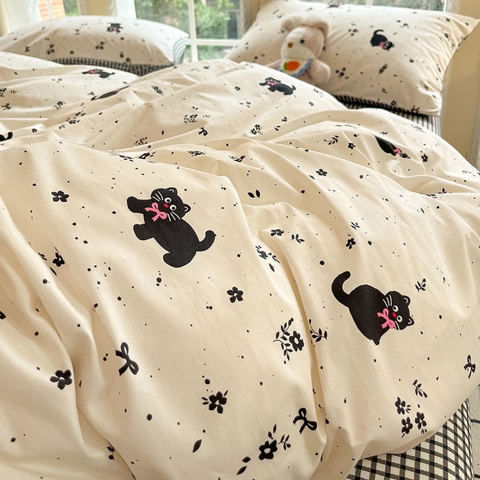 91家纺网 家纺一手货源 找家纺 吉象家纺13070全棉四件套纯棉四件套直播小清新男孩女小黑猫