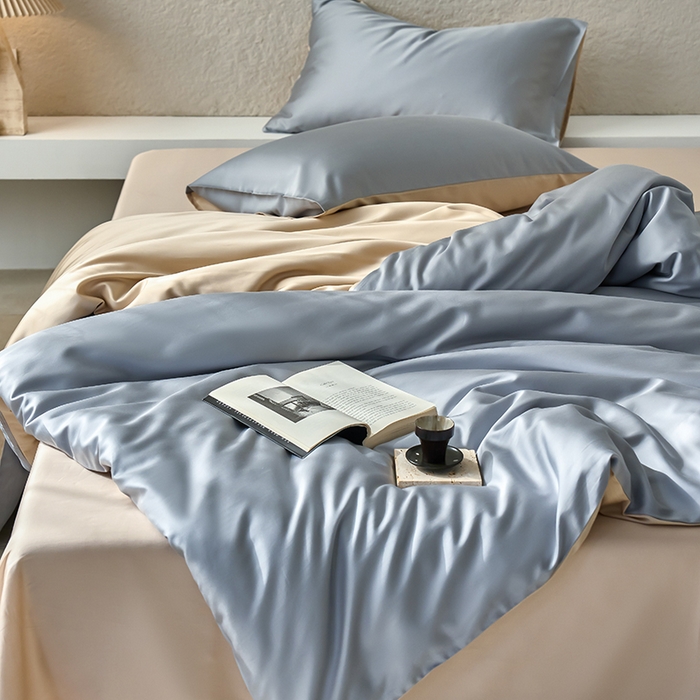 91家纺网 家纺一手货源 找家纺 咏绒家纺工厂店 2025新款60支奥地利兰精天丝纯色天丝棉四件套 岩岭（朦胧灰-小麦色）