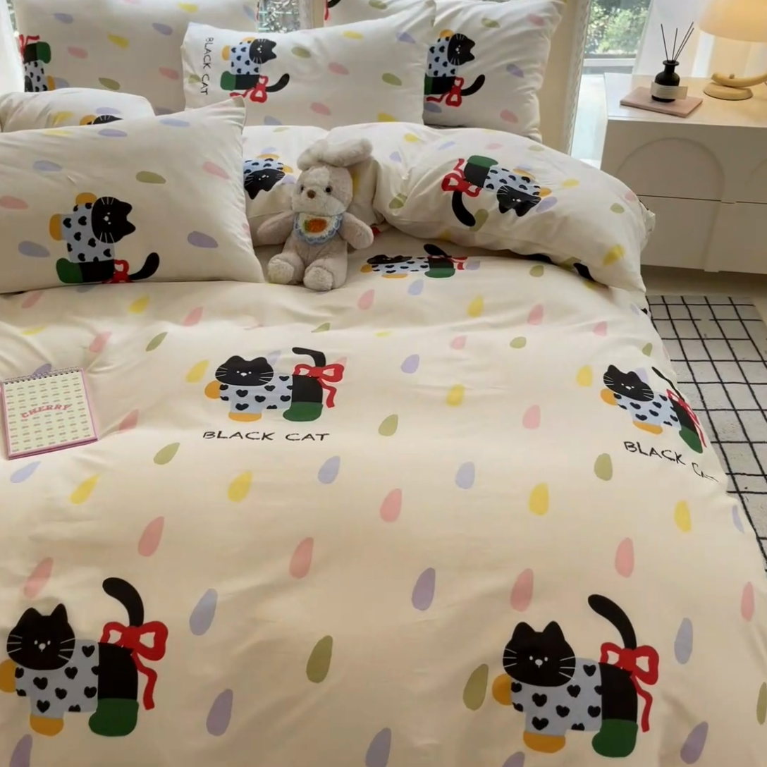 91家纺网 家纺一手货源 找家纺 吉象家纺13070全棉四件套纯棉四件套直播小清新男孩女靴子猫