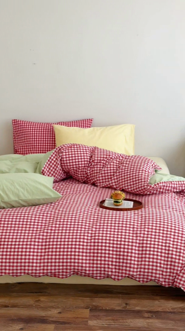 91家纺网 家纺一手货源 找家纺 （总）艾沁2025新款全棉色织水洗棉西瓜色撞色四件套