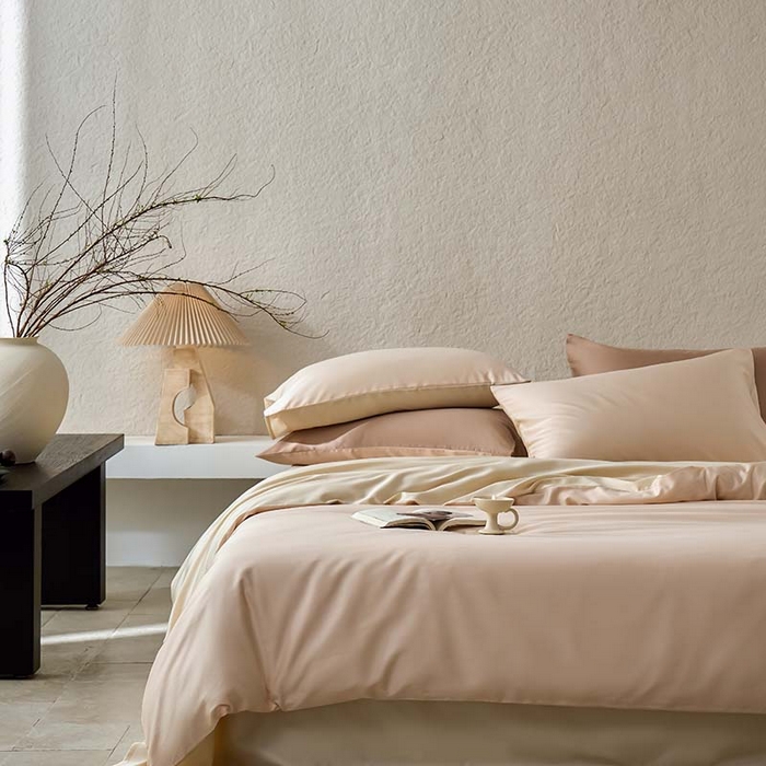 91家纺网 家纺一手货源 找家纺 咏绒家纺工厂店 2025新款60支奥地利兰精天丝纯色天丝棉四件套 可可（可可牛奶-优雅驼）