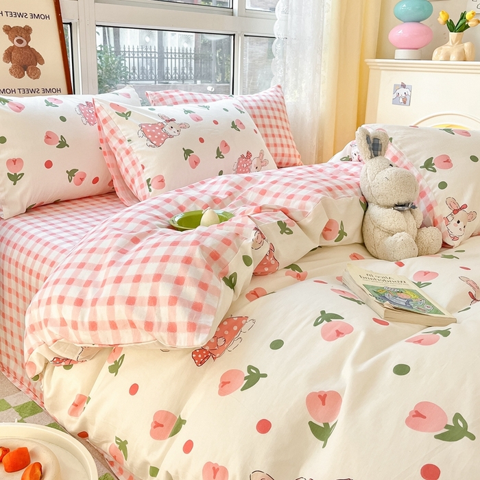 91家纺网 家纺一手货源 找家纺 吉象家纺13070全棉四件套纯棉四件套直播小清新男孩女郁金香粉兔