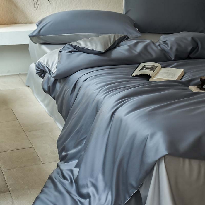 91家纺网 家纺一手货源 找家纺 咏绒家纺工厂店 2025新款60支奥地利兰精天丝纯色天丝棉四件套 菘蓝（暮色灰紫-朦胧灰）
