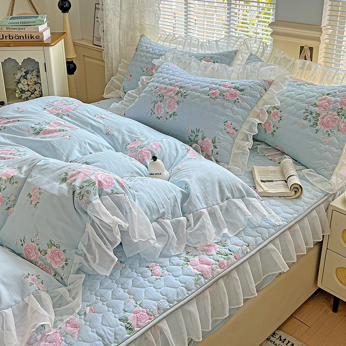 91家纺网 家纺一手货源 找家纺 （总）艾橙家纺 2025新款雪纺花边加棉床笠款单品四件套-单被套