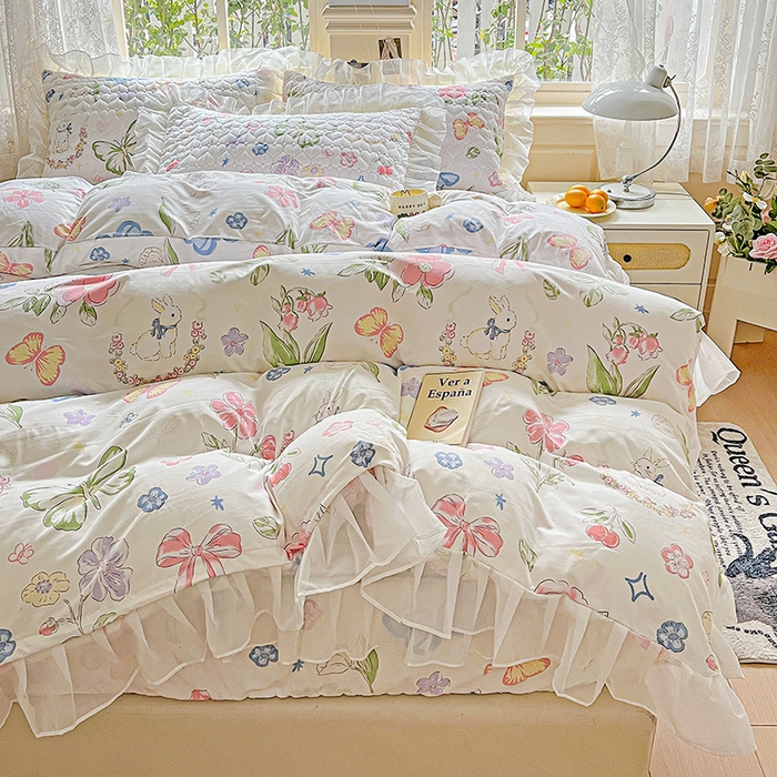 91家纺网 家纺一手货源 找家纺 （总）艾橙家纺 2025新款雪纺花边加棉床笠款单品四件套-单被套