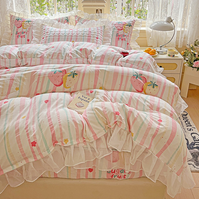 91家纺网 家纺一手货源 找家纺 （总）艾橙家纺 2025新款雪纺花边加棉床笠款单品四件套-单被套