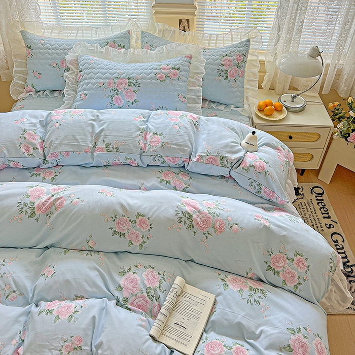 91家纺网 家纺一手货源 找家纺 艾橙家纺 2025新款雪纺花边加棉床笠款单品四件套-单被套 妆立春风