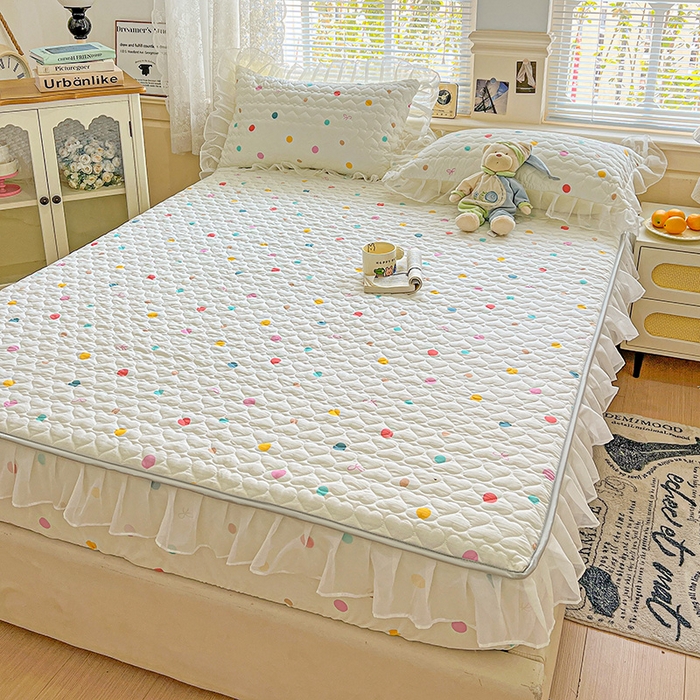 91家纺网 家纺一手货源 找家纺 艾橙家纺 2025新款雪纺花边加棉床笠款单品四件套-单被套 彩色波点