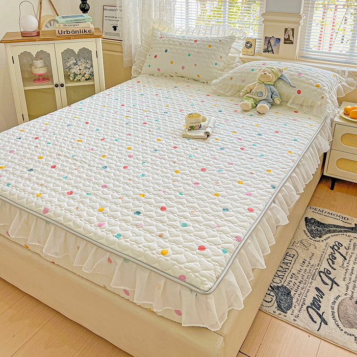 91家纺网 家纺一手货源 找家纺 艾橙家纺 2025新款雪纺花边加棉床笠款单品四件套-单被套 彩色波点