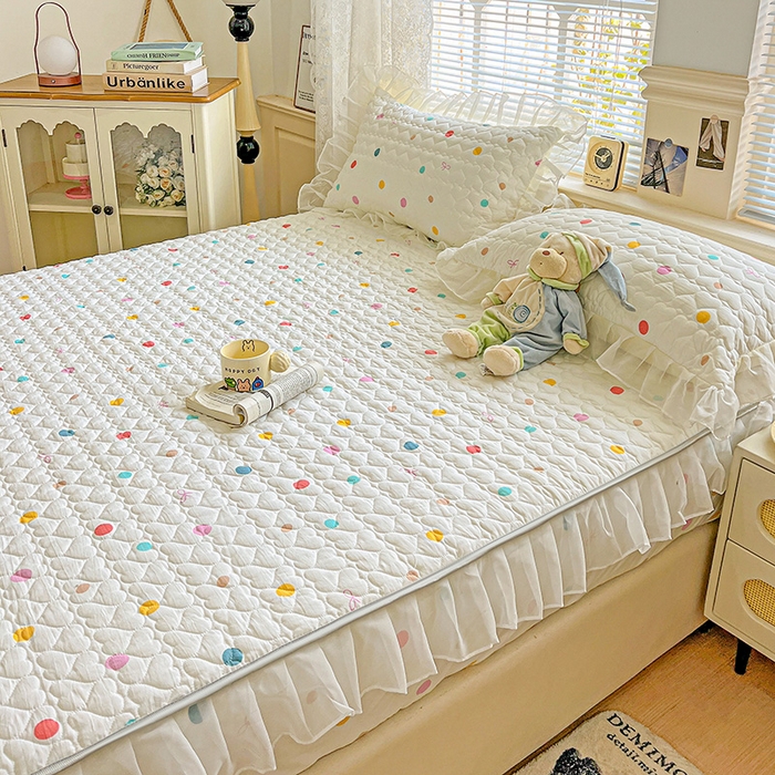 91家纺网 家纺一手货源 找家纺 艾橙家纺 2025新款雪纺花边加棉床笠款单品四件套-单被套 彩色波点