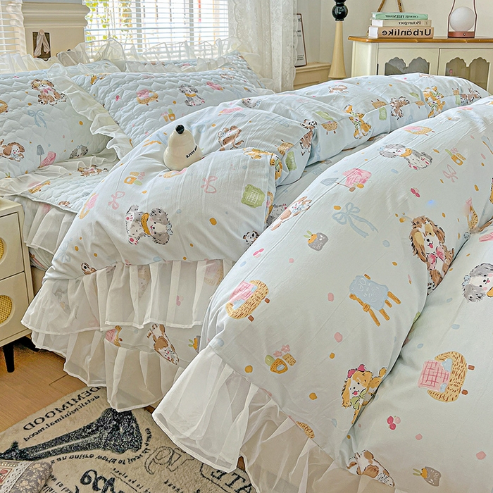 91家纺网 家纺一手货源 找家纺 艾橙家纺 2025新款雪纺花边加棉床笠款单品四件套-单被套 丹妮狗