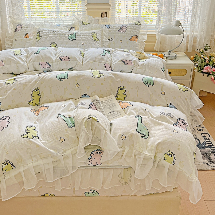 艾橙家纺 2025新款雪纺花边加棉床笠款单品四件套-单被套 恐龙日记