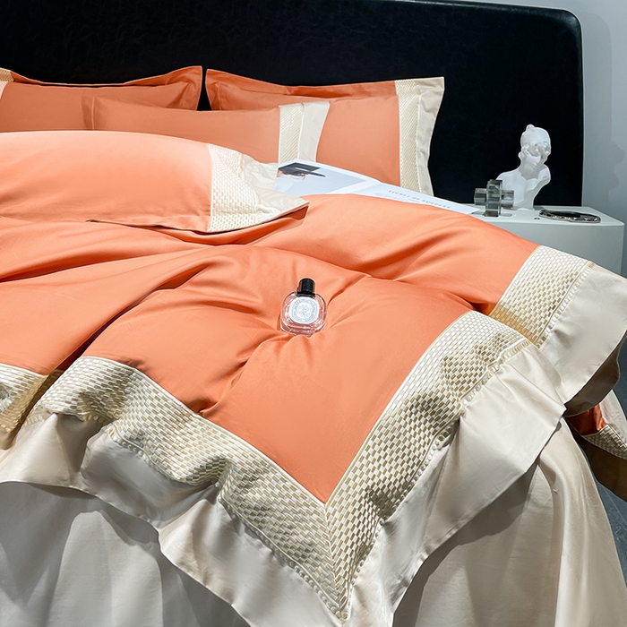 91家纺网 家纺一手货源 找家纺 皇寝世家家居 2025新款全棉新疆长绒棉100支四件套刺绣款- 亦舒系列 亦舒-丹橘色