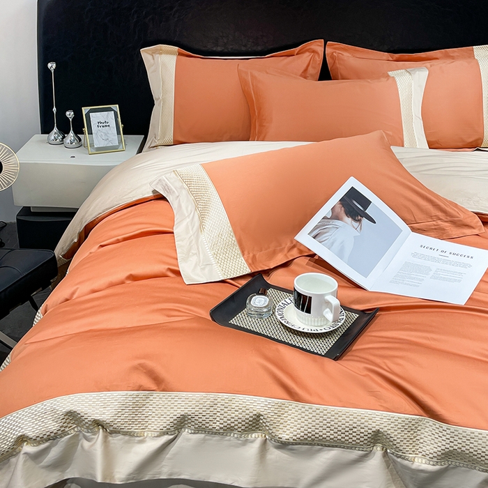 91家纺网 家纺一手货源 找家纺 皇寝世家家居 2025新款全棉新疆长绒棉100支四件套刺绣款- 亦舒系列 亦舒-丹橘色