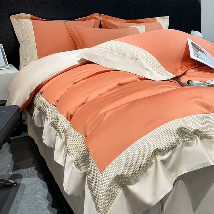 91家纺网 家纺一手货源 找家纺 皇寝世家家居 2025新款全棉新疆长绒棉100支四件套刺绣款- 亦舒系列 亦舒-丹橘色