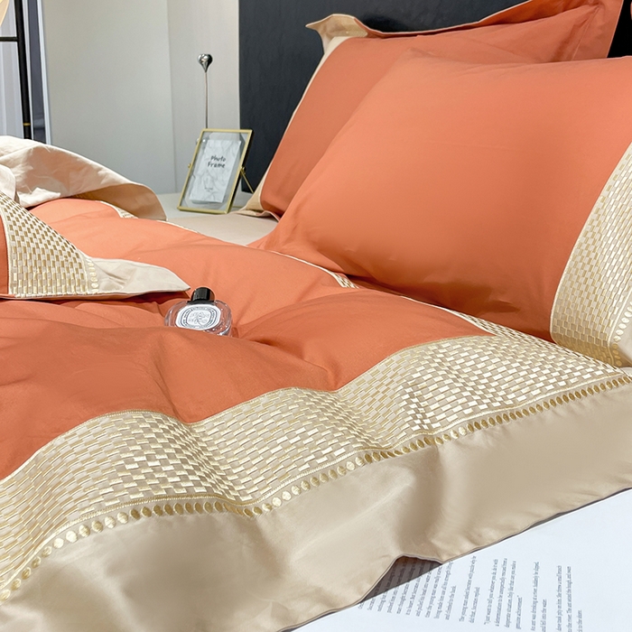 91家纺网 家纺一手货源 找家纺 皇寝世家家居 2025新款全棉新疆长绒棉100支四件套刺绣款- 亦舒系列 亦舒-丹橘色