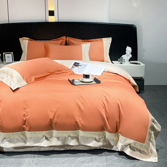 91家纺网 家纺一手货源 找家纺 皇寝世家家居 2025新款全棉新疆长绒棉100支四件套刺绣款- 亦舒系列 亦舒-丹橘色