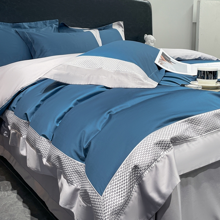 91家纺网 家纺一手货源 找家纺 皇寝世家家居 2025新款全棉新疆长绒棉100支四件套刺绣款- 亦舒系列 亦舒-孔雀蓝