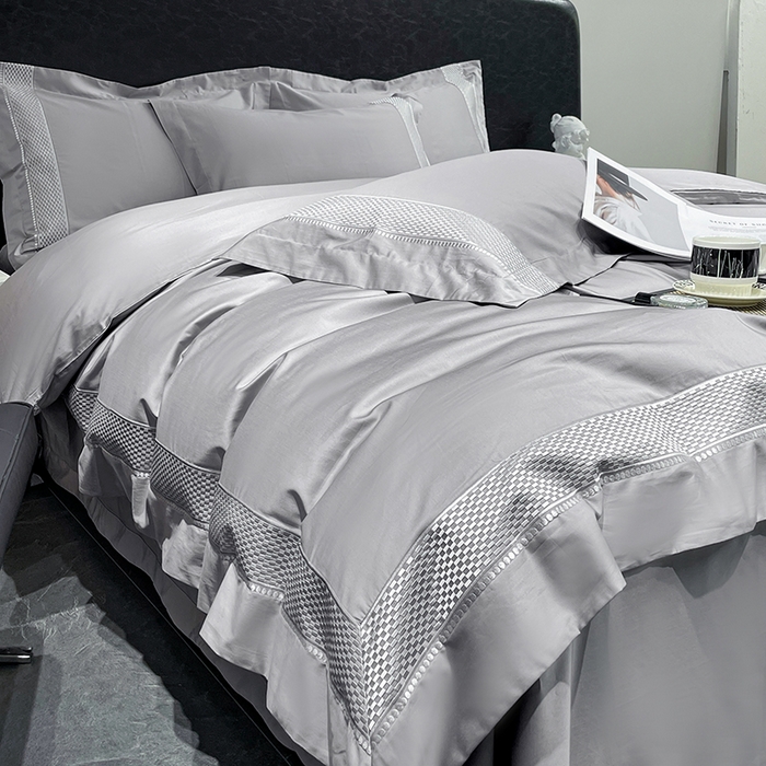 91家纺网 家纺一手货源 找家纺 皇寝世家家居 2025新款全棉新疆长绒棉100支四件套刺绣款- 亦舒系列 亦舒-浅苍灰