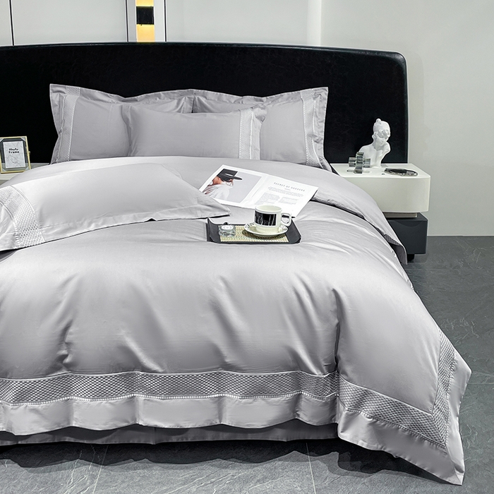 91家纺网 家纺一手货源 找家纺 皇寝世家家居 2025新款全棉新疆长绒棉100支四件套刺绣款- 亦舒系列 亦舒-浅苍灰