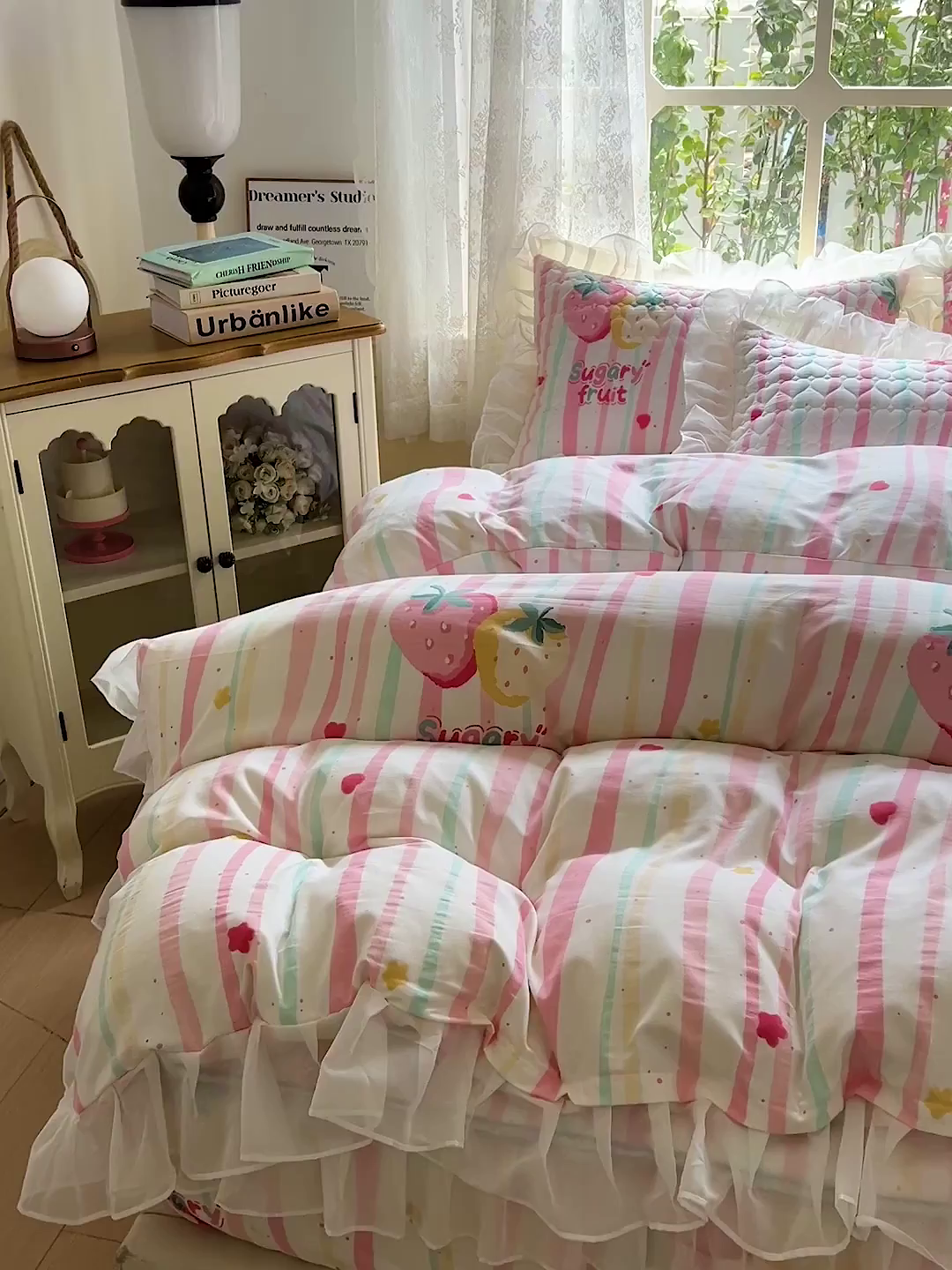 91家纺网 家纺一手货源 找家纺 艾橙家纺 2025新款雪纺花边加棉床笠款单品四件套-单被套 糖果草莓